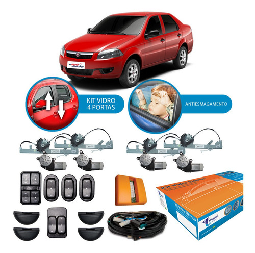 Kit Vidro Elétrico Fiat Siena 2004 A 2009 Antiesmagamento