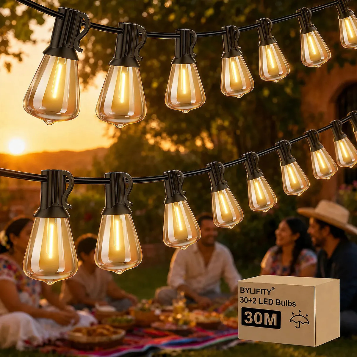 Bylifity Guirnalda De Luces Led Exterior 30m 30+2 Focos ST38 Inastillables Alto Brillo Luz Vintage Decorativas Para Jardín Patio Boda Navidad