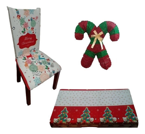 Set 6 Fundas De Sillas  Con Mantel Navideño Y 4 Bastones