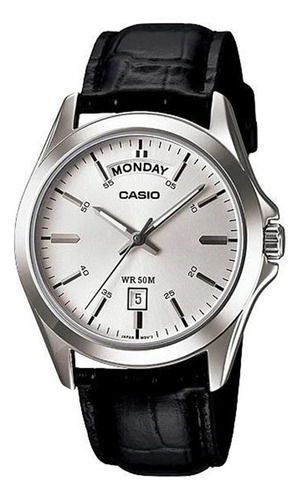 Reloj Casio Hombre Mod Mtp-1370l Malla De Cuero Clock-time Color de la malla Negro Color del fondo Plateado