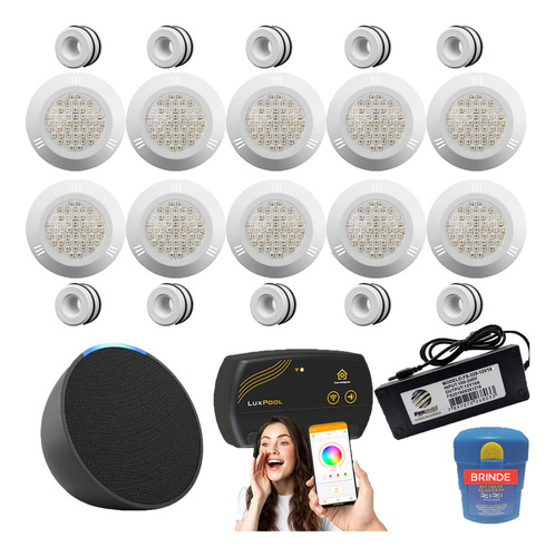 Kit Iluminação Piscina 50mm 200m² 10 Led 9w Smart Lux, Alexa