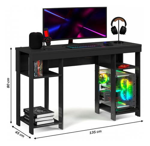 Mesa Escrivaninha Gamer Alfa 4 Prateleiras Preto - Gabrielli