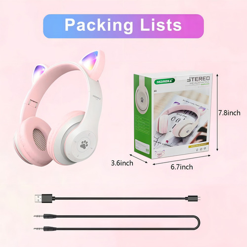 Audifonos Orejas De Gato Bluetooth 5.1 Led Diadema Ninos Color Blanco