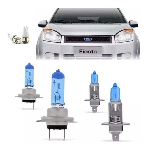 Kit Lâmpada Super Branca Farol Baixo H7 Alto H1 Ford Fiesta