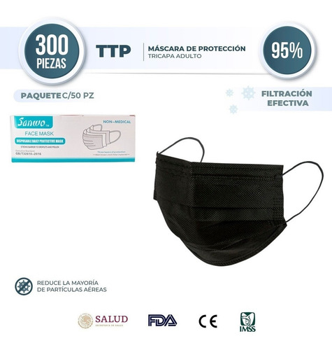 300 Pzs Cubrebocas Sanwo Negro Tricapa Termosellado Cofepris