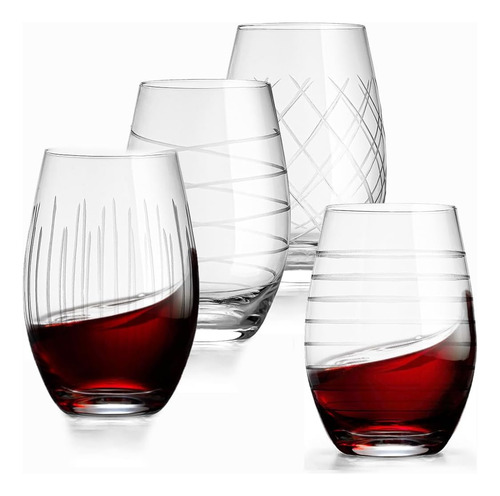 Set De 4 Vasos De Vino Sin Pie Grabados, Vasos De Bebid...