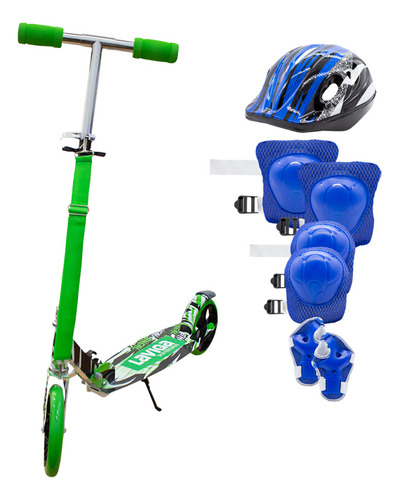 Scooter Patín Plegable Para Niñas Y Niños + Protecciones Color Azul Grafiti Verde
