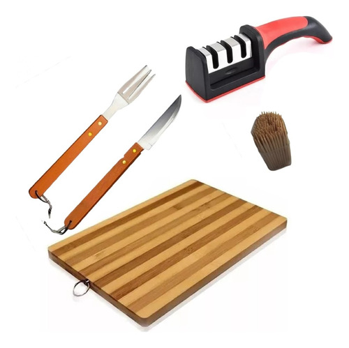 Kit Asador Tabla Cuchillo Tenedor Afilador Palitos De Diente