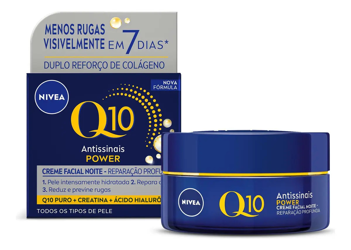NIVEA Creme Facial Antissinais Q10 Power Noite 49g, Reduz Rugas, Reparação Noturna, Hidratação, Ácido Hialurônico, Cuidado Facial Noturno