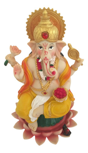 Ganesha Da Prosperidade Colorido Na Flor De Lótus 23cm