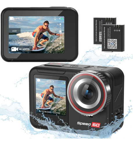 Speed 60 Bare - Cámara Subacuática Impermeable De 33 Pies Con Visualización Táctil De 2.35 Pulgadas, Cámara De Acción 4k 60fps Con Estabilización Eis Y Hdr, Cámara Impermeable Con Zoom De 8x, 2 X 2150