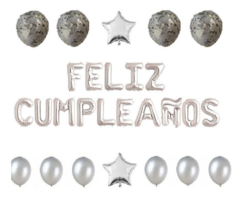 Globo Feliz Cumpleaños Metalizado + Confeti Estrella Perlado