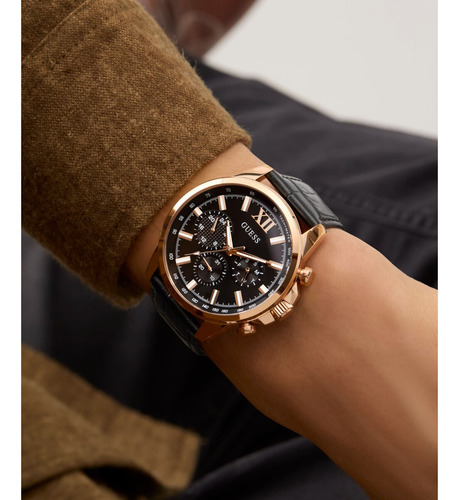 Reloj Guess Negro Walker Hombre Piel Bisel Oro Rosa
