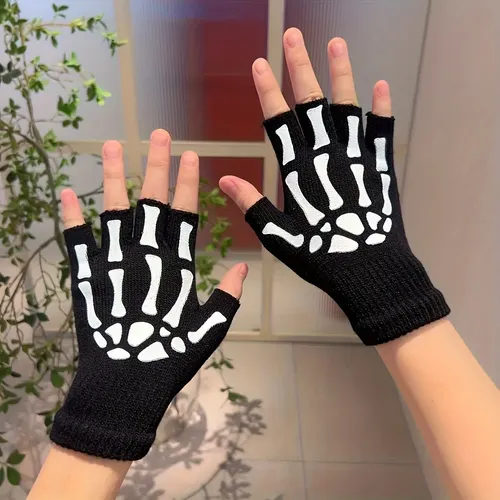Half Finger Hand Bone Skeleton Gloves, Fingerless Knitted Xs Xs