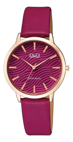 Reloj De Mujer Q&q Casual De Cuero Fucsia Q26b-007py Fucsia Dorado Oscuro Fucsia