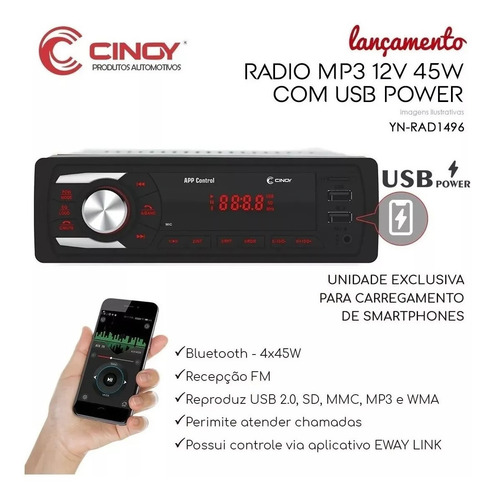 Som automotivo Cinoy YN-RAD50681 com USB, bluetooth e leitor de cartão SD