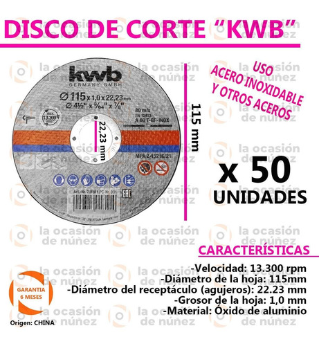 Imagen 2 de 6 de Disco De Corte 115 X 1mm Amoladora 4 1/2 Acero 50 Unidades