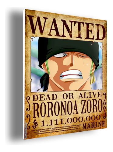 Cuadro Decorativo Mural Anime Wanted Zoro 30x40cm A3 Pvc