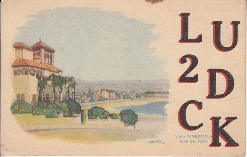 1957 Postal Qsl Mar Del Plata Dibujo Panoramico Tarjeta