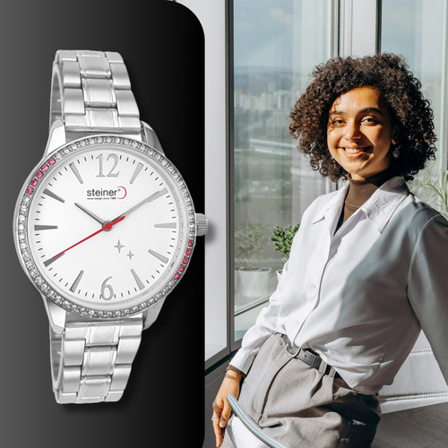 Reloj Steiner Análogo Extensible Plateado Acero Inox. 3atm Fondo Blanco