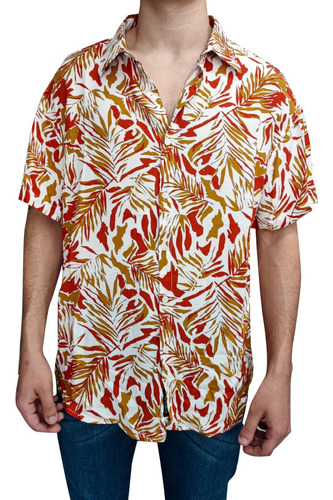 Camisa Floreada Overzise Havaiana Manga Corta Suelta Fibrana
