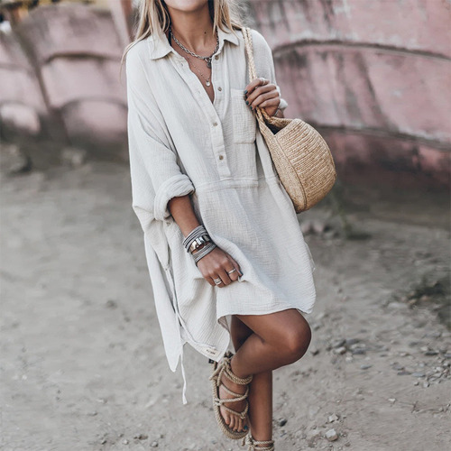 Vestido Camisero Suelto Algodón Lino Mujer Otoño E Invierno