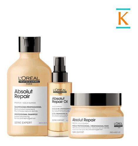 Loreal Kit Absolut Repair Quinoa: Shampoo + Aceite + Máscara