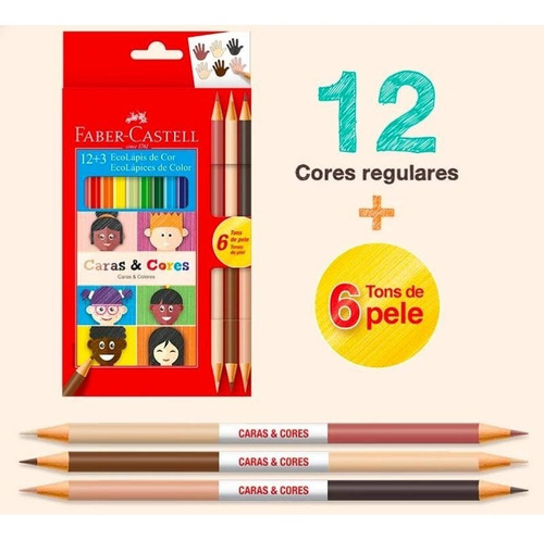 Lápis De Cor Caras E Cores 12 Cores + 6 Tons De Pele - Faber