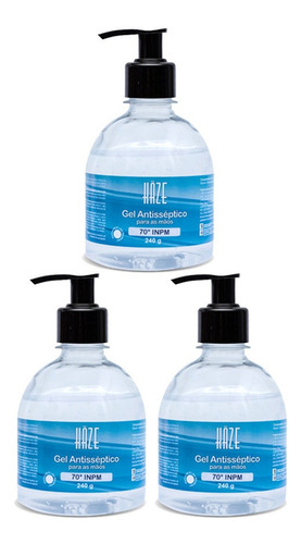 Álcool 70 Em Gel Antisséptico Haze 240g Frasco Kit 3un