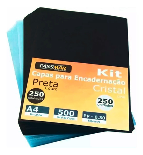 Kit Capa Encadernação A4 - Preta Couro + Cristal Line 500un