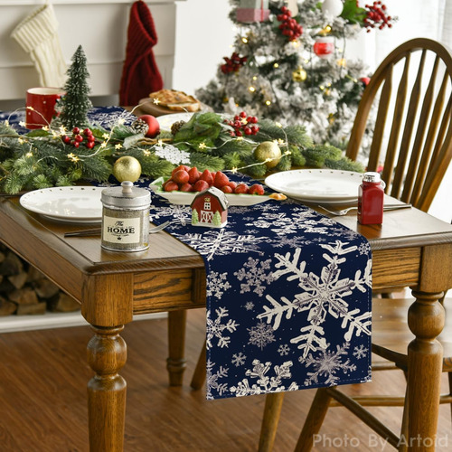 Camino De Mesa Navidad Artoid Copos Nieve Azul Marino Navy Blue Navidad