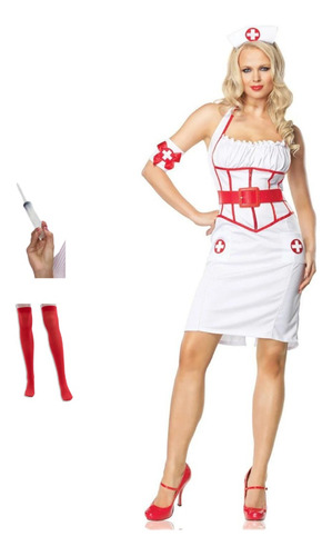 Disfraz Vestido Enfermera En Turno Con Diadema Banda Medias Rojas Y Jeringa Para Dama