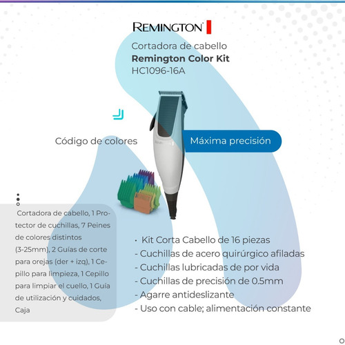 Imagen 2 de 10 de Cortadora De Cabello Remington Kit 16 Piezas Hc1096-16a