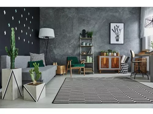 Alfombra de salón con rayas geométricas, 200 x 300 cm, color negro y  plateado