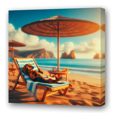 Cuadro 60x60cm Salchicha Vacaciones Beach Sombrilla