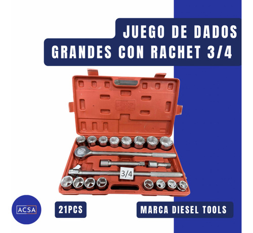 Juego De Dados Grandes Con Rachet 3/4, 21 Pcs. Diesel Tools