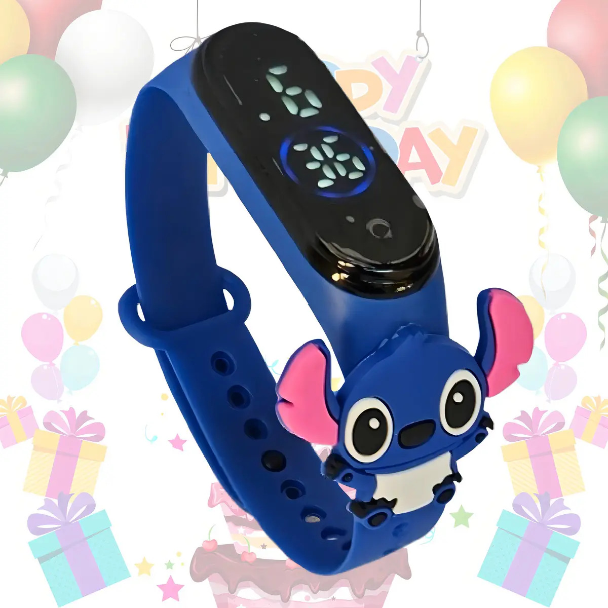 Kit 10 Relógios Digitais LED para Festa e Lembrancinha, Com Pulseira Azul Stitch e Bisel Preto
