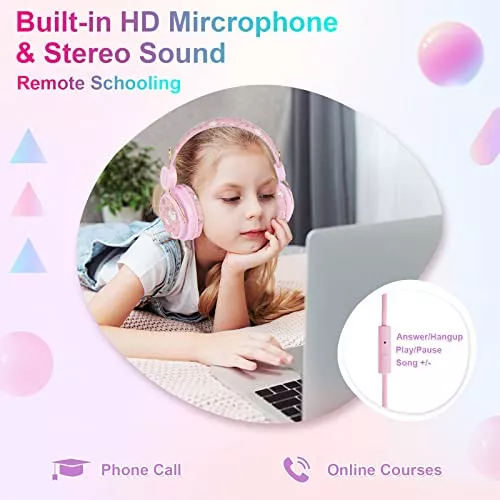 QearFun Auriculares de unicornio para niñas y niños para la escuela,  auriculares Bluetooth con micrófono y conector de 0.138 in, auriculares