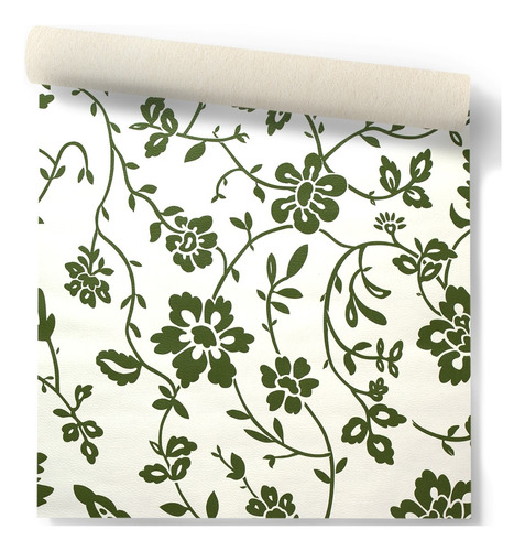 Papel Vinilizado Flores Verdes F/ Blanco Amarie Muresco 30/3