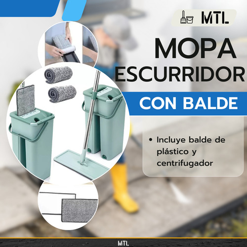Mopa Plana Trapeador Balde Escurridor 2 Paños Limpieza 360° Color Verde