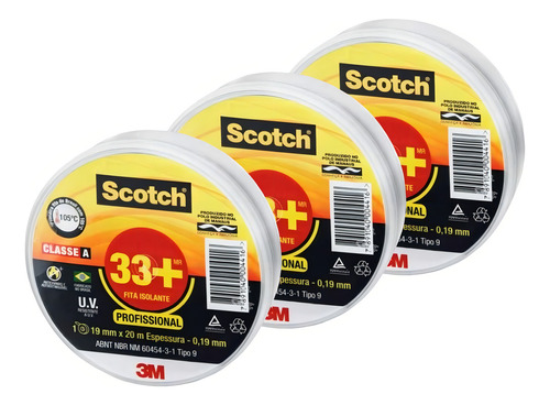 Kit 3 Fita Isolante Scotch 33+ 19mm X 20m 3m Profissional