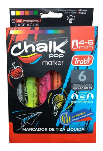 Marcador Trabi Chalk Vidrio Tiza Liquida Estuche X 6 Colores