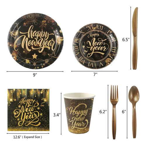 Kit Vajilla Desechables De Año Nuevo Negro Y Dorado 140 Pzs