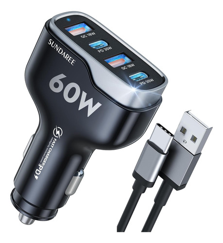 Cargador Rápido Usb-c De 4 Puertos Para Coche Con Enchufe, A