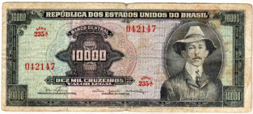 Raro Billete Brasil 10.000 Cruzeiros Dumont Avion Año 1966