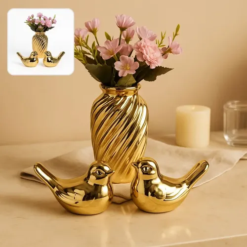 Kit Decorativo Vasinho Dourado + Flores + Casal De Pássaros Dourado