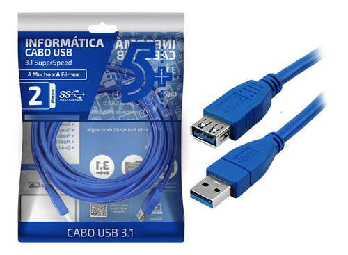 Cabo Extensor Usb 3.1 / 3.0 2m Macho X Fêmea 5gbits 2 Metros Cor Azul