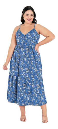 Vestido Midi Floral Azul Com Transpasse Plus Size Feminino