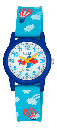 Relógio infantil para meninos Q&q VR99j018y, pulseira de balão de avião, cor azul, moldura, cor de fundo marinho, cor branca