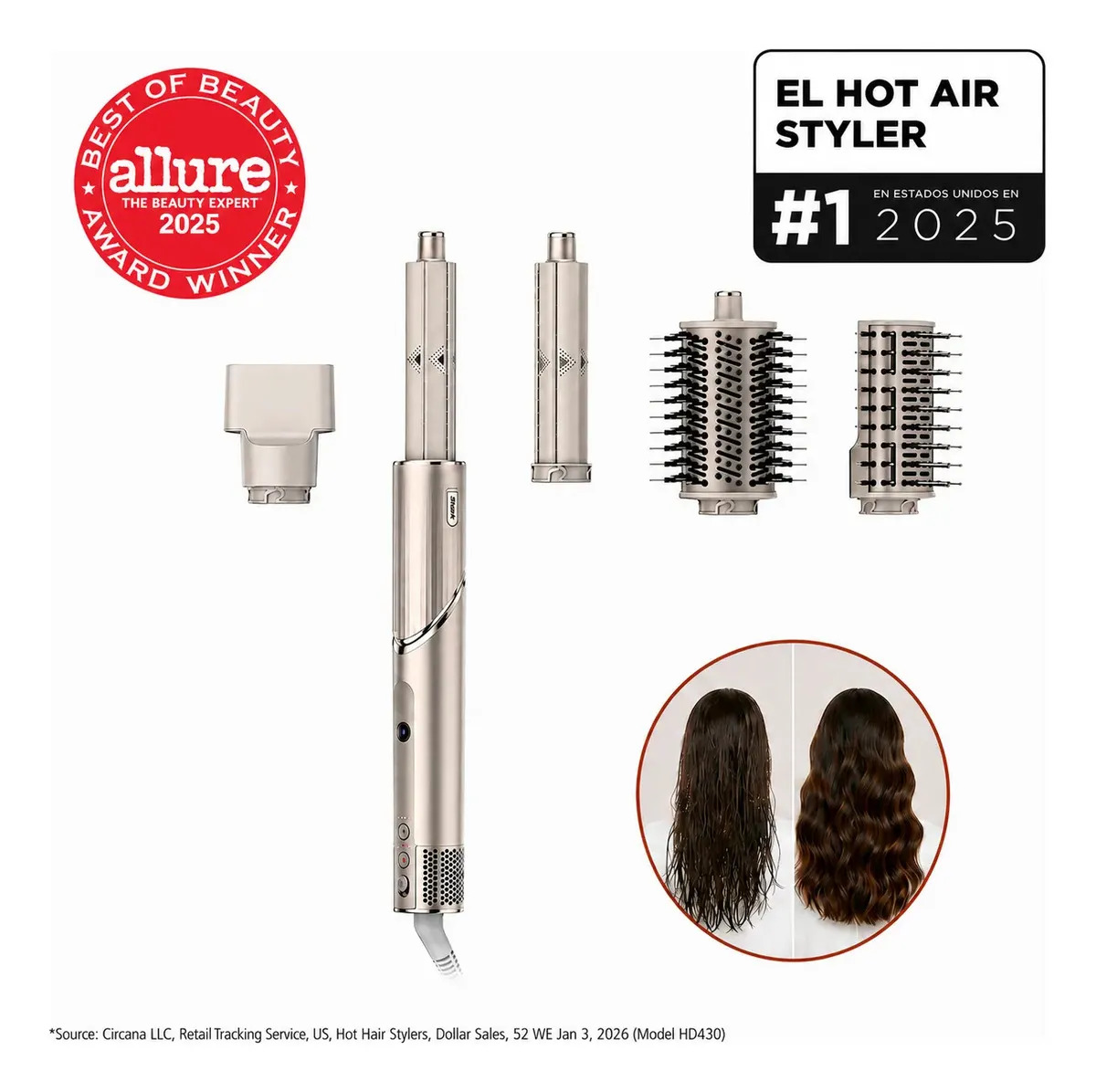 Secadora de Cabello Shark FlexStyle Multiestilizador 4 en 1 con Rizadores y Cepillo Alisador Sin Daño por Calor Sin Frizz Accesorios Intercambiables para cabello Liso y ondulado - Color Stone HD430LAA
